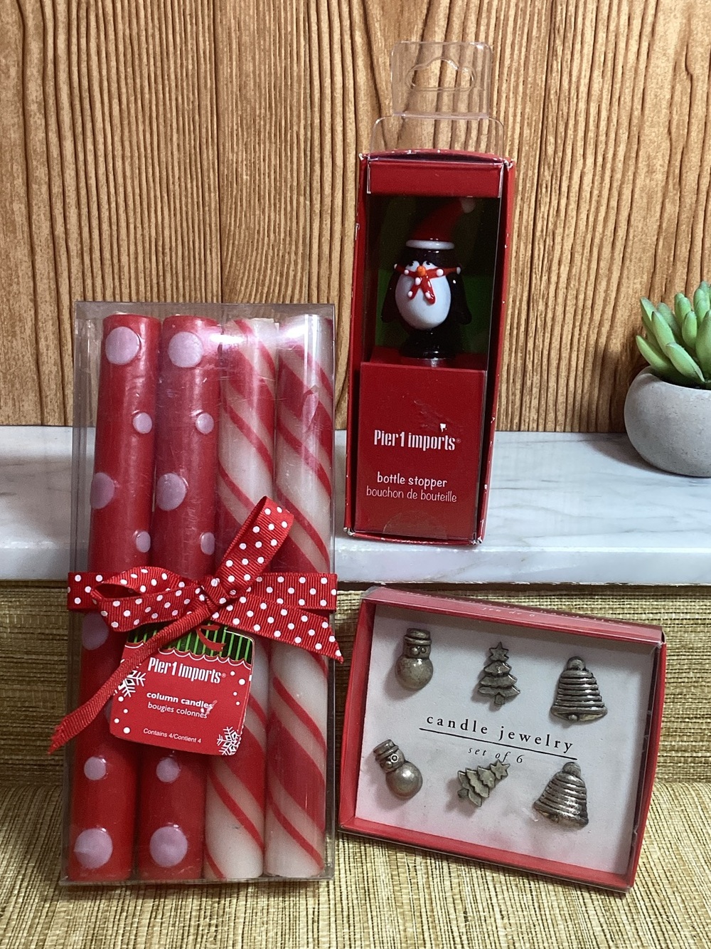 New Pier 1 Imports Red & White Holiday Candle Set with Penguin Bottle Stopper